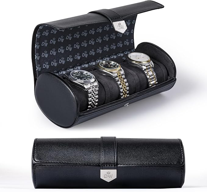 DUKWIN Watch Roll for 3 Watches,Vegan Leather Travel Watch Case Organizer with Removable Pillows for Men and Women,Display Case for Watches Collection and Gift for Anniversary Birthday(Black Storage)