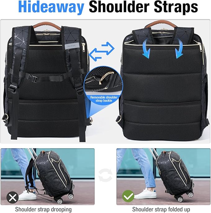 Lekebobor Travel Rolling Backpack, 18 inch Waterproof Bag with 360° Wheels for 15.6" Laptop, Convertible Airline Approved Travel Back Pack for Men & Women, Business, Commuter