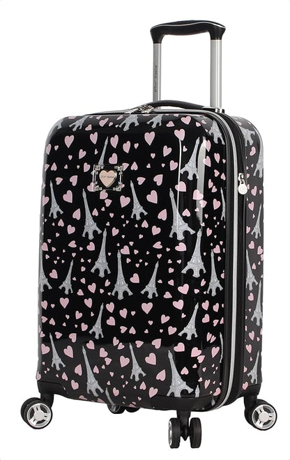 Betsey Johnson Designer 20 Inch Carry On - Expandable (ABS + PC) Hardside Luggage - Lightweight Durable Suitcase With 8-Rolling Spinner Wheels for Women (Paris Love)