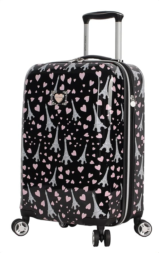 Betsey Johnson Designer 20 Inch Carry On - Expandable (ABS + PC) Hardside Luggage - Lightweight Durable Suitcase With 8-Rolling Spinner Wheels for Women (Paris Love)
