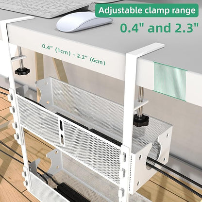 Multi-Model Under Desk Cable Management Tray 2 Packs Metal Under Desk Wire Management Clamp Mount Under Table Cord Management No Damage The Desk (White)