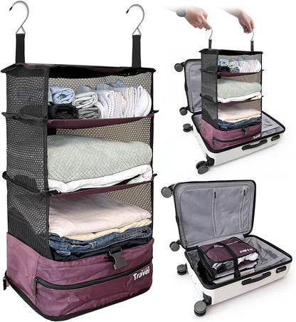 Grand Fusion Stow-N-Go Travel Luggage Organizer – Portable Hanging Travel Shelves, Carry-On Closet Organizer, Hanging Packing Cubes, Collapsible Carry-On Organizer for Cruises & Hotels. Burgundy - L
