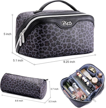 BOYATU Travel Makeup Bag for Women: 3 Pcs Set Portable Make up Bags with Handle - Leopard Print Cosmetic Bags with Comparments - Waterproof Vegan Leather Toiletry Bag (A-1-Purple)