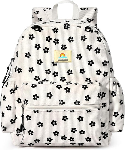 STEAMEDBUN Corduroy Kids Backpack for Girls and Boys 5-8: Girls Backpack for Elementary Kindergarten - 15 inch Cute Backpacks for Kids - Flower
