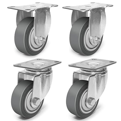 3 Inch Caster Wheels, Rubber Wheels Silent Castor- Set of 4 Heavy Duty Caster Wheels with Brake 1200Lbs, Industrial Plate Casters Wheels for Cart Furniture Workbench (2 Swivel & 2 Rigid)
