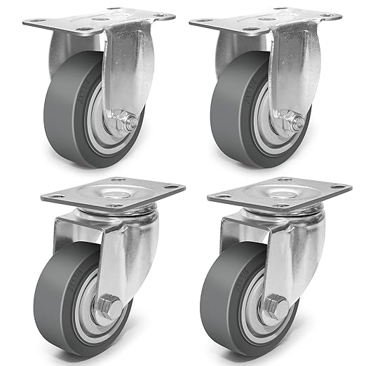 3 Inch Caster Wheels, Rubber Wheels Silent Castor- Set of 4 Heavy Duty Caster Wheels with Brake 1200Lbs, Industrial Plate Casters Wheels for Cart Furniture Workbench (2 Swivel & 2 Rigid)