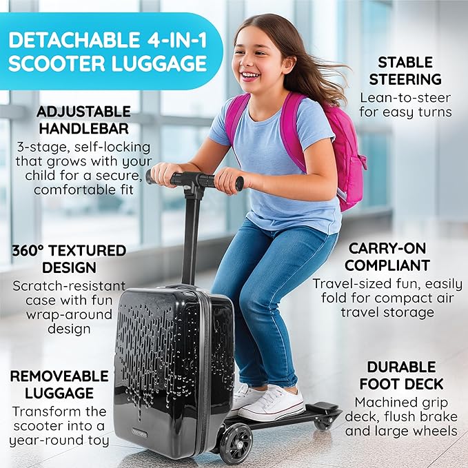 Detachable 4-in-1 Scooter Luggage for Kids – Ride-On Suitcase with Removable Luggage Body, Adjustable Handlebar, Durable Deck & Brake, Carry-On Size – Travel & Play