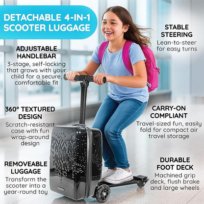 Detachable 4-in-1 Scooter Luggage for Kids – Ride-On Suitcase with Removable Luggage Body, Adjustable Handlebar, Durable Deck & Brake, Carry-On Size – Travel & Play