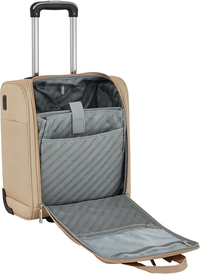 French Connection 16" Underseat Carry-On Luggage with USB/USB-C Ports, Toasted Almond