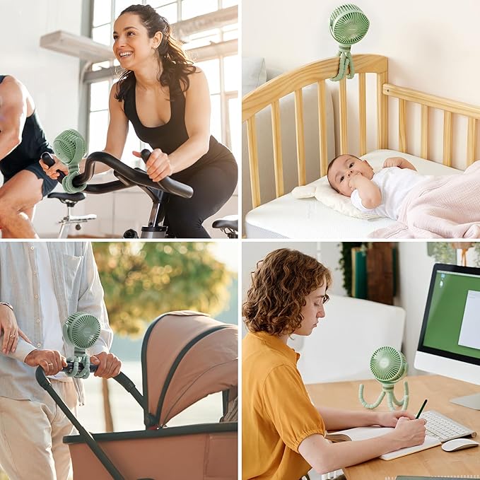 Momcozy Portable Stroller Fan, 8000mAh, 27H Ultra-long Battery Life, Detachable 4 Speed 360°Rotate, LED Night Light with 2 Modes, USB Rechargeable Handheld Cooling Fan for Travel, Car Seat, Bedroom