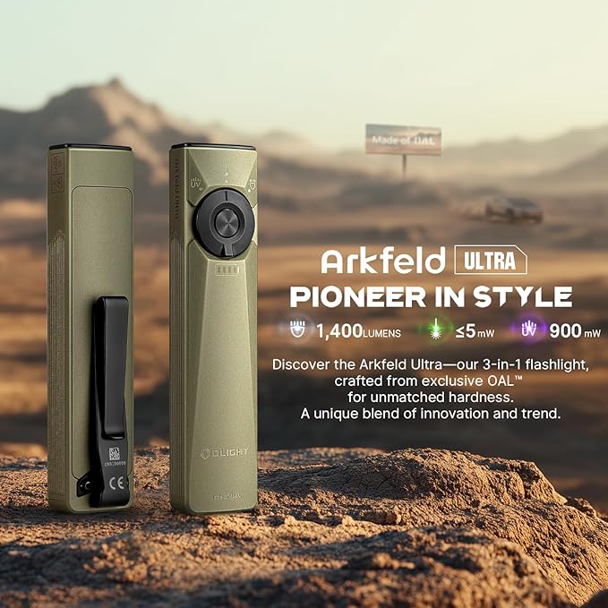 OLIGHT Arkfeld Ultra 1400 Lumens EDC Flat Flashlight, Rechargeable Compact Pocket Flash Light Combines White LED, UV and Green Beam, Triple Sources Perfect for Checking, Working (Olive-Green NW)