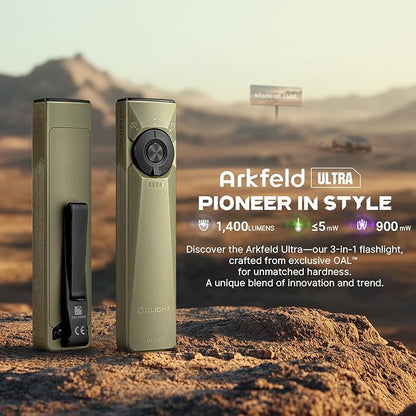 OLIGHT Arkfeld Ultra 1400 Lumens EDC Flat Flashlight, Rechargeable Compact Pocket Flash Light Combines White LED, UV and Green Beam, Triple Sources Perfect for Checking, Working (Olive-Green NW)