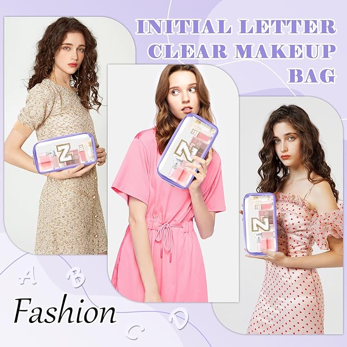 Personalized Initial Letter Clear Makeup Bag,Preppy Small Nylon&PVC Cosmetic Zipper Bag with Chenille Letter,Travel Skincare Toiletry Bag,Monogram Christmas Gift for Teen Girls Women,Z