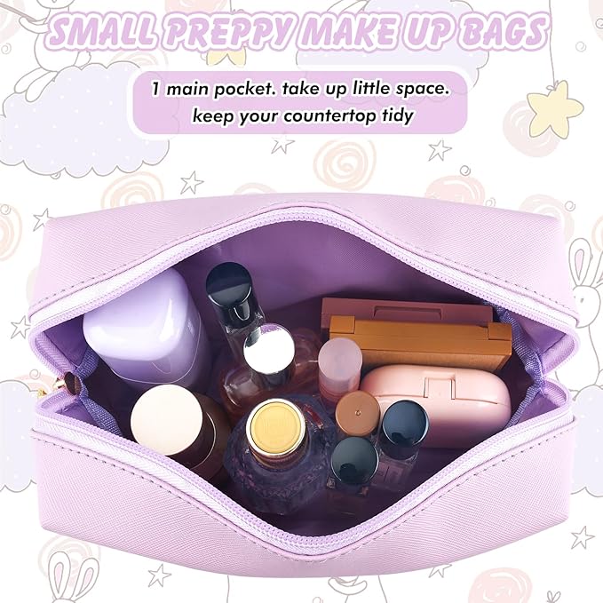 Gifts for Girls Initial Makeup Bag Personalized Cosmetic Bag with Zipper Cute Travel Toiletry Bag Waterproof PU Preppy Makeup Pouch Birthday Gift for Teen Girls Women(Purple S)