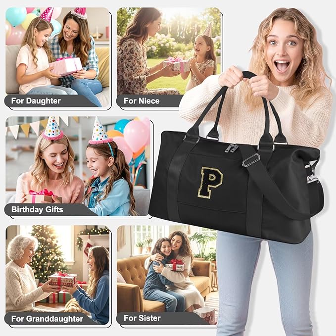 Dance Gym Duffel Bag for Teen Girls, Personalized Initial Travel Weekender Bag,Cute Overnight Carry On Duffle for Women,Sports Travel Cheer Bag,Monogram Christmas Gifts for Tween Preppy(black-P)