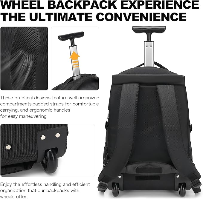 Boavan Rolling Backpack,17 inch Water Resistant Wheeled Backpack,Carry on Luggage Business Bag, Overnight College Computer bag Trolley Suitcase for Men Women Adults to Travel，Black&Orange