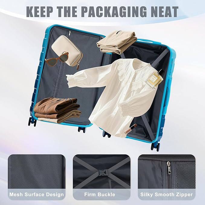 Campfun 3 Piece Luggage Sets, PC Gradient Color Suitcase Set with Double Spinner Wheels, Durable Carry On Luggage with Combination Lock, 20/24/28 inch, Light Blue+Navy