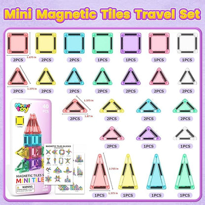 40PCS Magnetic Tiles Mini Travel Essentials Toddler Toys with Case Set, Preschool Montessori Education Magnetic Building Blocks Games Sensory Toys for 3 4 5 Year Old Boys Girls Birthday Gifts