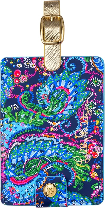 Lilly Pulitzer Leatherette Luggage Tag with Secure Strap, Colorful Suitcase Identifier for Travel