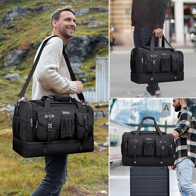 WITZMAN Duffle Bag for Men Large Carry On Travel Mens Weekender Overnight Bags with Shoes Compartment for Sports Gym(B723 Black)