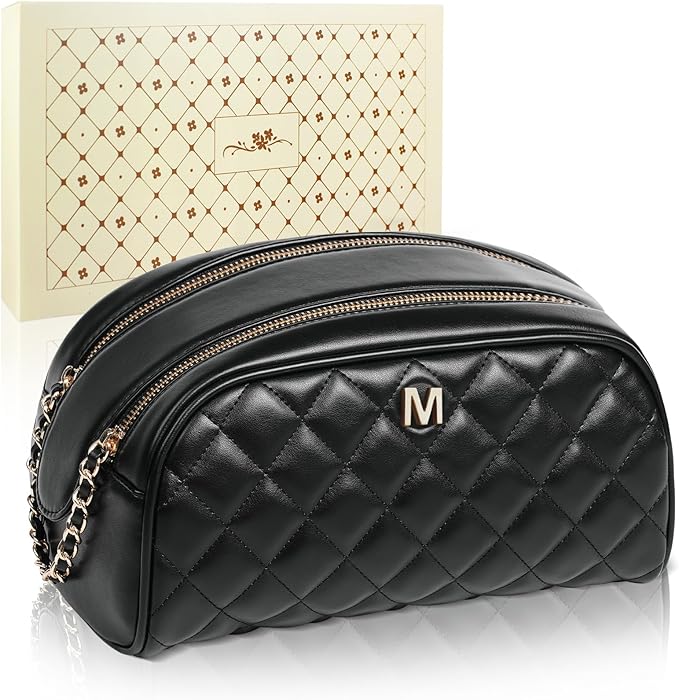 COSHAYSOO Fall Holiday Thank You Gifts for Women Boss Female Coworkers Teacher Nurse Employee Appreciation Gift, Large Black Quilted Makeup Bags for Women Travel Monogram Cosmetic Bag Letter M