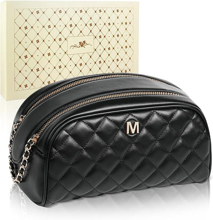 COSHAYSOO Fall Holiday Thank You Gifts for Women Boss Female Coworkers Teacher Nurse Employee Appreciation Gift, Large Black Quilted Makeup Bags for Women Travel Monogram Cosmetic Bag Letter M