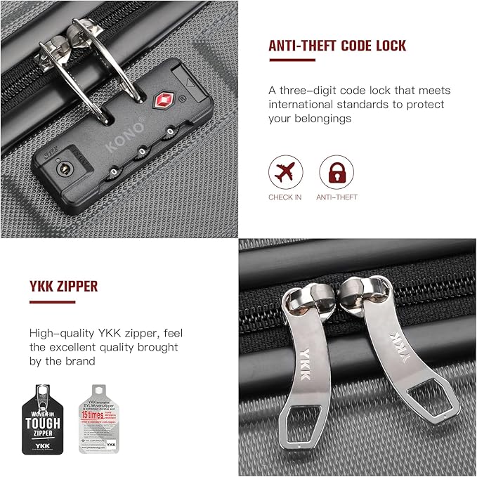 Kono 20" Carry on Luggage with Spinner Wheel TSA Lock, Lightweight PC+ABS Hardside Luggage Durable Small Carry on Suitcase Grey