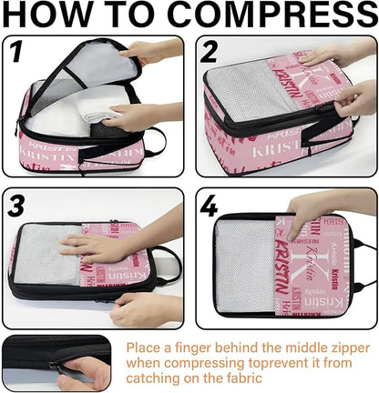 Personalized 6 Set Compression Packing Cubes for Travel Essentials with Name Initial Customized Lightweight Carry on Expandable Luggage Organizer Bags for Women and Men, Pink