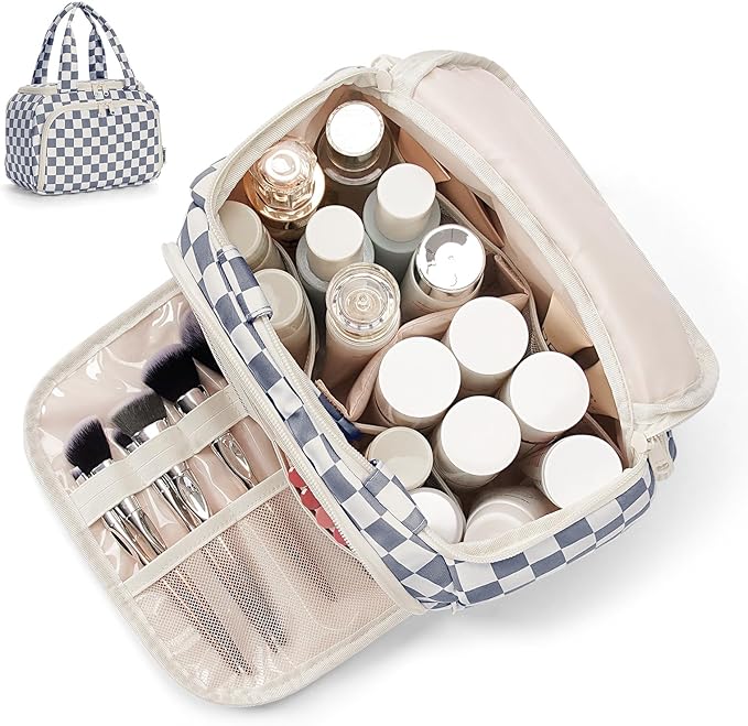 Narwey Large Travel Toiletry Bag, Wide-open Travel Bag for Toiletries, Toiletry Bags for Traveling Women,Cosmetic Make Up Makeup Bag Organizer with Wet Pocket, Skincare Bag (Greyish Blue Checkerboard)