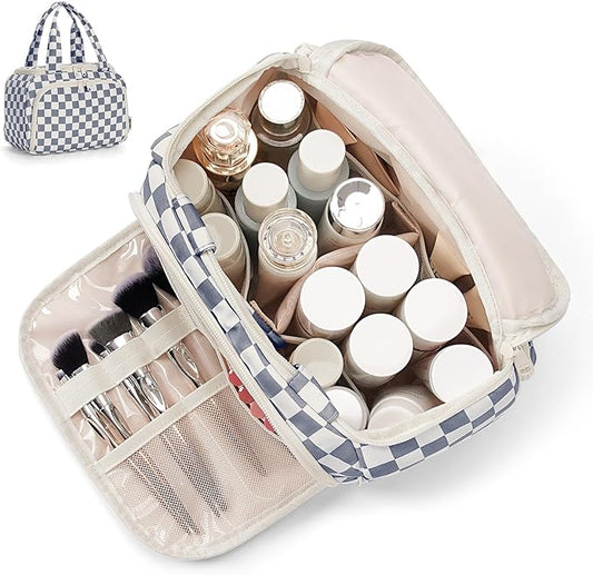 Narwey Large Travel Toiletry Bag, Wide-open Travel Bag for Toiletries, Toiletry Bags for Traveling Women,Cosmetic Make Up Makeup Bag Organizer with Wet Pocket, Skincare Bag (Greyish Blue Checkerboard)