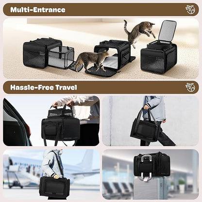 Top and 2 Sides Expandable Pet Carrier 17x11x9.5, TSA Airline Approved Small Dog Carriers for Small Dogs, Soft-Sided Cat Carrier with Self-Locking Zippers for Kitten,Rabbit, Puppy, Guinea Pig Black