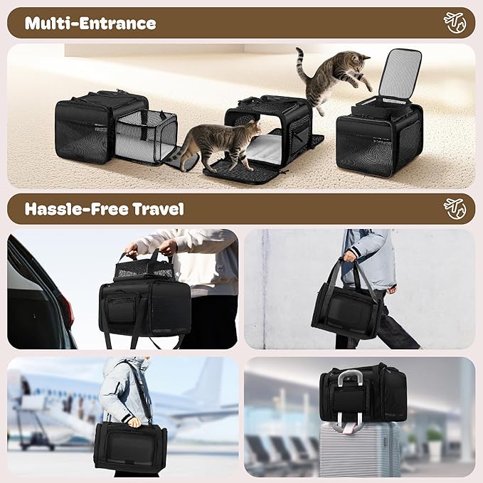Top and 2 Sides Expandable Cat Carrier 18x11x11, TSA Airline Approved Dog Carriers for Medium Dogs, Soft-Sided Pet Carrier with Self-Locking Zippers for Kitten,Rabbit, Puppy, Guinea Pig Black