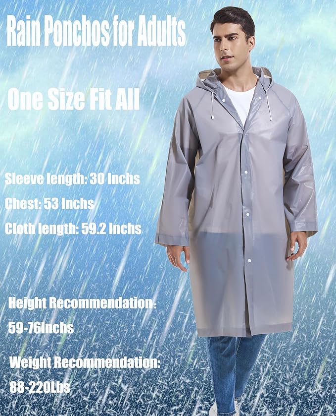 2-Pack Reusable Rain Ponchos for Adults, HOOMBOOM Raincoats Emergency for Women/Men with Drawstring and Sleeves