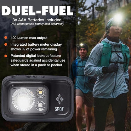 BLACK DIAMOND Spot 400 Headlamp | 400 Lumens Brightness, Dimmable | Waterproof & Durable | 3X AAA Battery Operated (Included) | Graphite