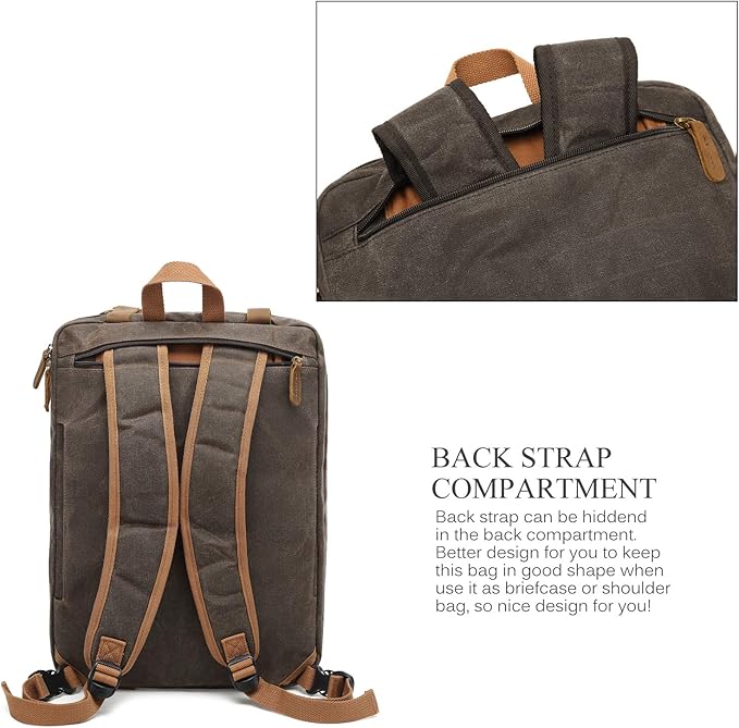 CoolBELL Laptop Messenger Bag Vintage Shoulder Bag Convertible Backpack Retro Briefcase Versatile Travel Bag Fits 17.3 Inch Laptop For Men Business (Waxed Canvas Brown)