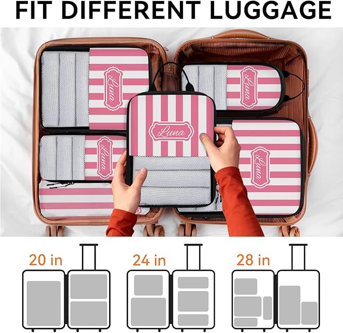Custom 6 Set Compression Packing Cubes with Name Personalized Compressible Expandable Packing Organizers Luggage Carry On Suitcase Bags Travel Accessories Gifts, Deep Pink Stripe