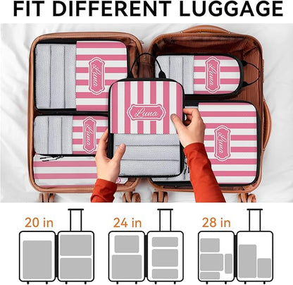 Custom 6 Set Compression Packing Cubes with Name Personalized Compressible Expandable Packing Organizers Luggage Carry On Suitcase Bags Travel Accessories Gifts, Deep Pink Stripe