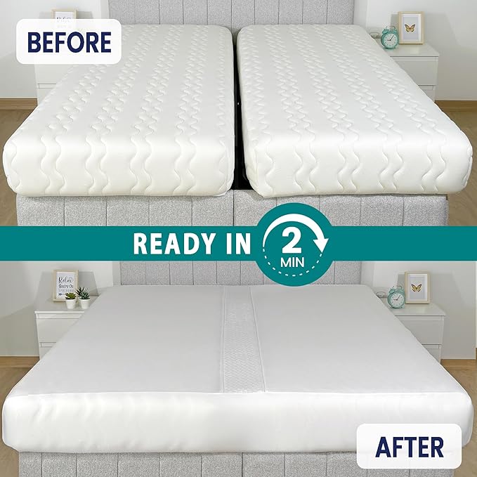 3-in-1 Fitted Sheet Attached Bed Bridge Twin (XL) to King Converter Kit with Sheet Strap Set | Split King Gap Filler for Adjustable Bed | White