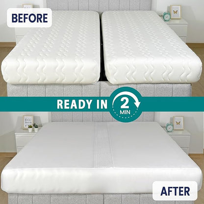 3-in-1 Fitted Sheet Attached Bed Bridge Twin (XL) to King Converter Kit with Sheet Strap Set | Split King Gap Filler for Adjustable Bed | White