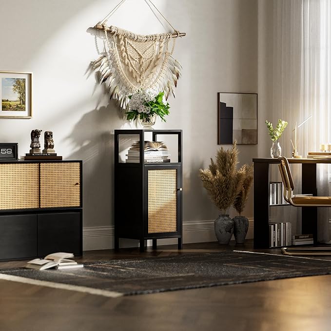 HITNET Bamboo Floor Cabinet, Small Bathroom Storage Cabinet with Single Rattan Door, Narrow Side Storage Organizer Unit Freestanding Space Saving Kitchen Cupboard, Black