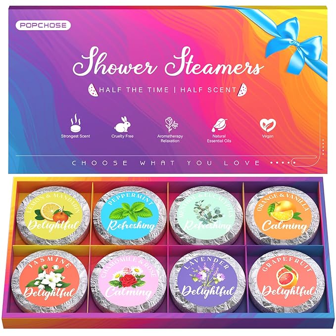 POPCHOSE Shower Steamers Aromatherapy, Stocking Stuffers for Women, Christmas Gifts for Teens and Women, Self Care & Home Spa Gifts for Mom, Men, Dad, and Teens, 8 Scented with Gift Packaging