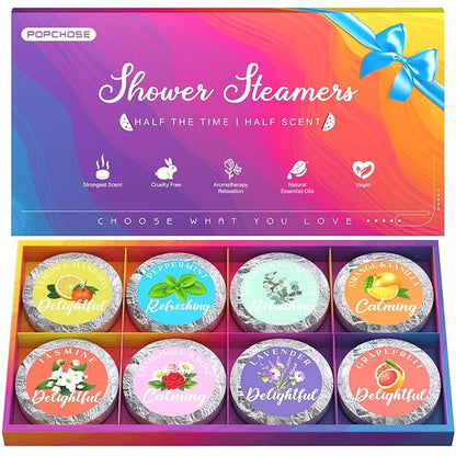 POPCHOSE Shower Steamers Aromatherapy, Stocking Stuffers for Women, Christmas Gifts for Teens and Women, Self Care & Home Spa Gifts for Mom, Men, Dad, and Teens, 8 Scented with Gift Packaging