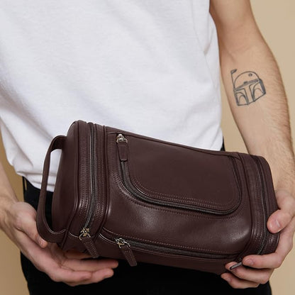 Leatherology Brown Multi Pocket Toiletry Bag - Main top zippered compartment with additional side and front zippered pockets