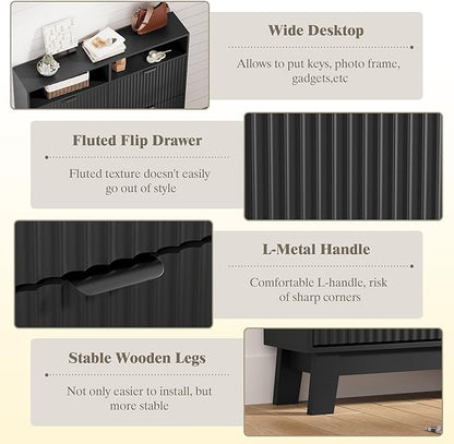 Shoe Cabinet Storage for Entryway with 4 Flip Drawers, Fluted Narrow Shoe Organizer with Wooden Legs & Top Cubby, Freestanding Slim Shoe Storage Hidden Shoe Rack for Front Door Entrance, Black