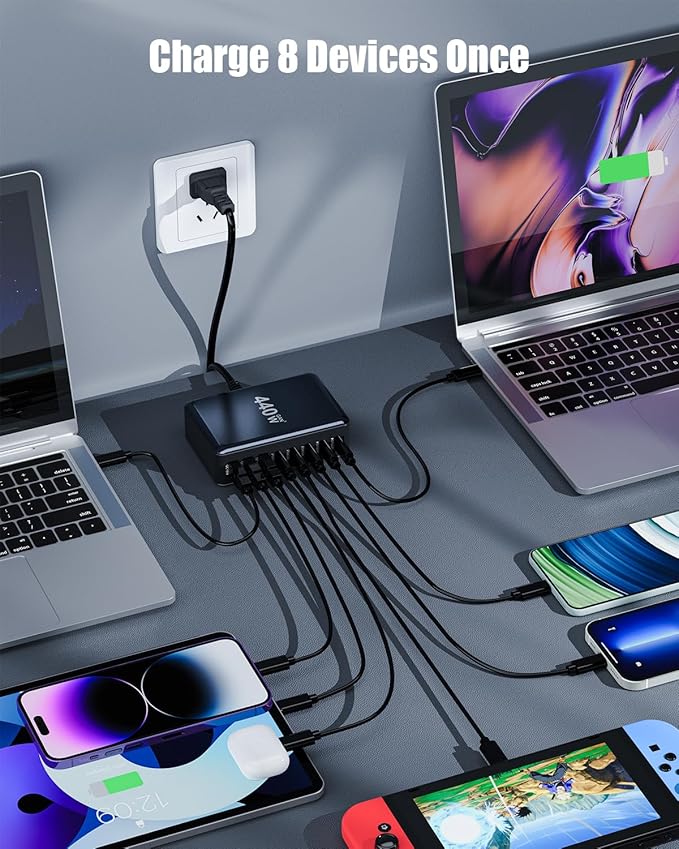 USB C Charger Block 440W Charging Station Hub,8 Port GaN III Fast Charging Brick with 5ft Extension Cord,PD PPS 100W Laptop Power Adapter for MacBook Pro/Air,iPhone 17/16,Samsung Galaxy,Dell