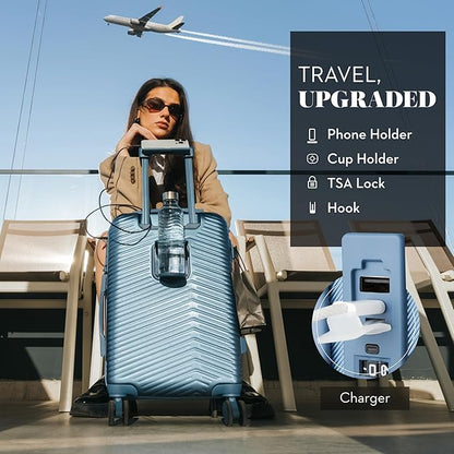 Nine West Zion 20" Inch Smart Carry On Luggage with Wheels, Hardshell Suitcase with Cup Holder & USB Port for Charging, Airline Approved Cabin Bag Lapis