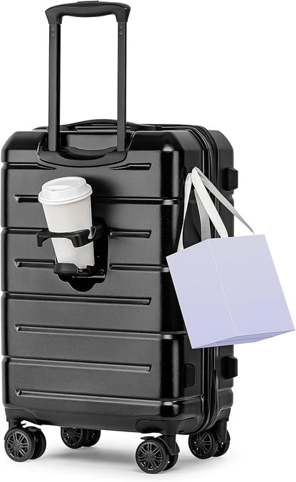 KYME Carry On Luggage 22x14x9 Airline Approved Hardshell Carry On Suitcase with TSA Lock Hardside Suitcases with Wheels Travel Rolling 22 Inch Luggage with Cup Holder for Men Women Black
