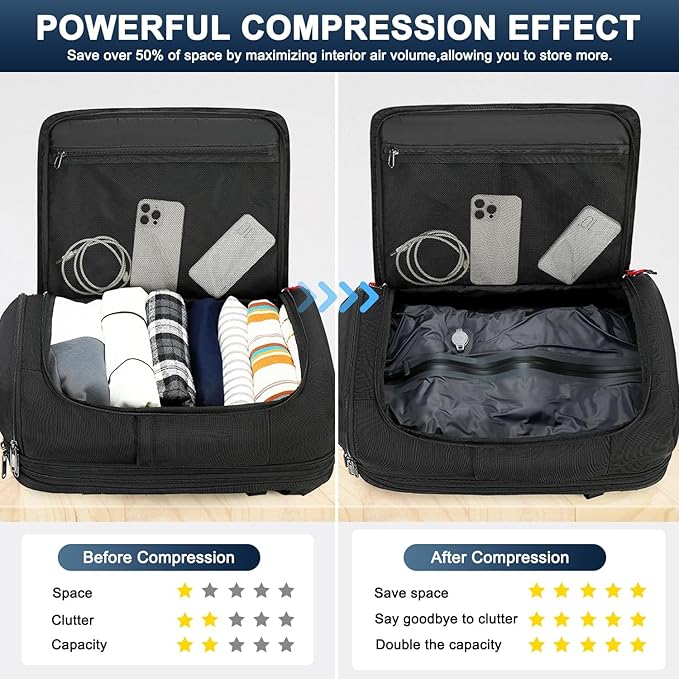 Vacuum Backpack Travel, Vacuum Seal Compression Travel Backpack with Pump, Laptop Compartment, 60L Expandable Water Resistant Business Carry-On Backpack Vacuum Gifts for Travel/College/Camping