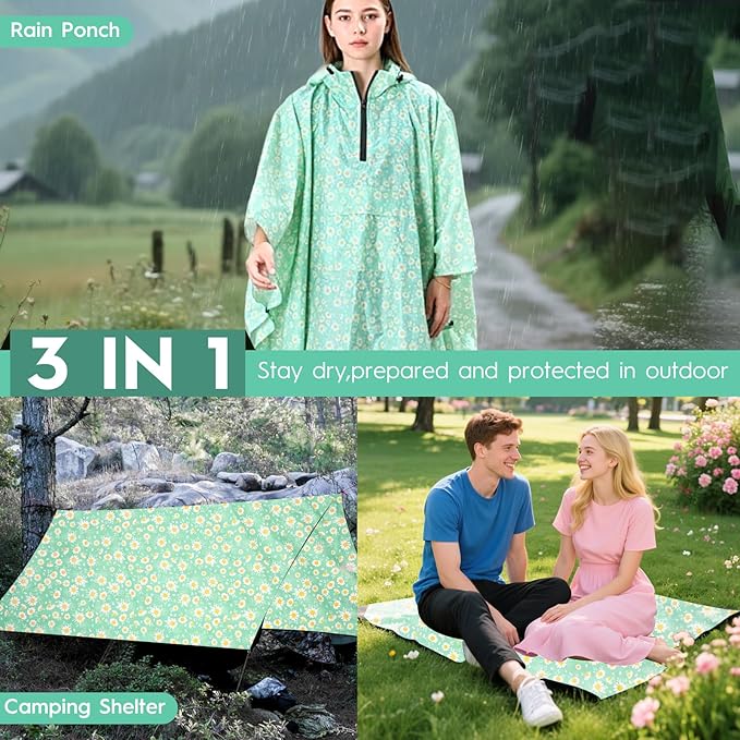 Bruvoalon 3-in-1 Rain Poncho with 1/4 Zip & Chest Pocket, Waterproof, Sunshade, Ground Mat for Adults & Youth Emergency