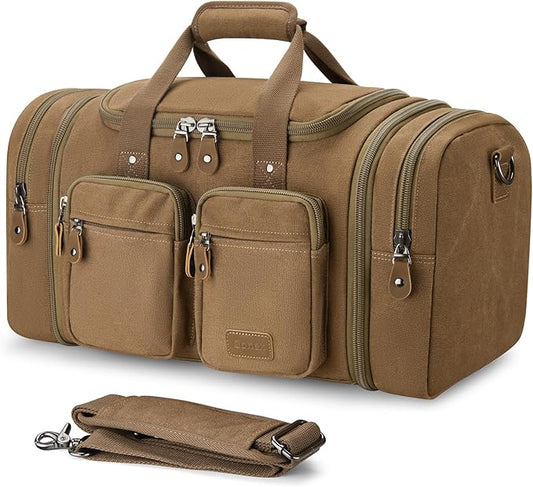 Gonex Canvas Duffle Bag for Travel, Expandable Water Resistant 50L Carry on Duffel Overnight Weekender Gym Bag with Wet Dry Separation Pocket & Suitcase Handle Sleeve,Coffee
